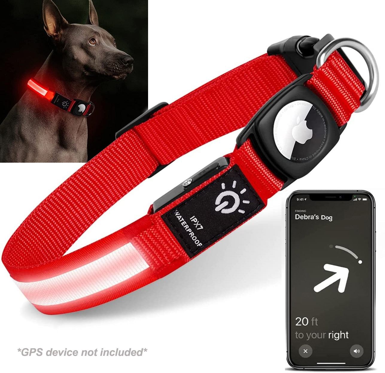 Waterproof LED Dog Collar with Airtag holder